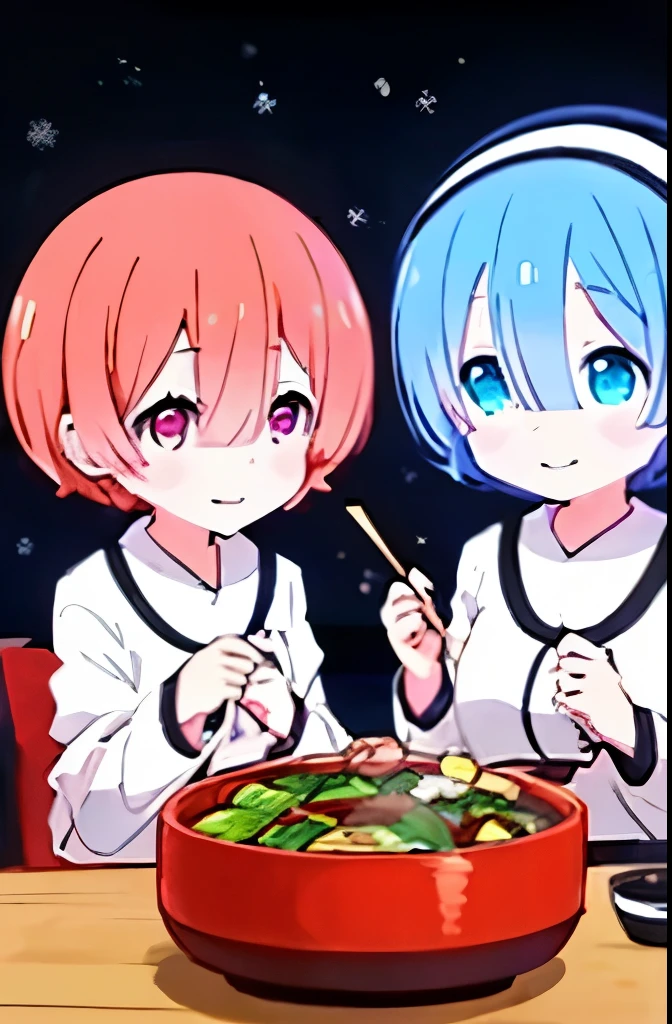 High quality, two girls, two Rem and Ram from Rizero, glowing red eyes, in a winter kotatsu, eating a pot full of vegetables, pot party on the kotatsu, kimchi nabe, noodles in the nabe, gentle smile, closed mouth smile, five fingers, hands in lap, closed mouth smile, blue eyes, glowing eyes.