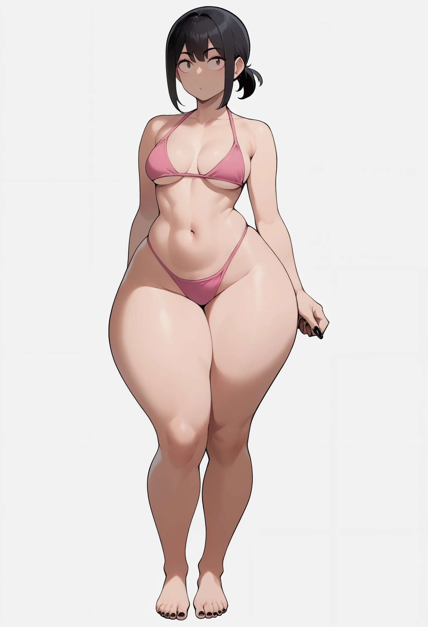 ((masterpiece)),(((best quality))),((character design sheet)), ((full body view)) illustration,1girl, muscular, ((blue micro bikini:1.5)), milf, ((detailed face:1.4)), beautiful woman, ((gigantic breasts:1.3), shiny skin, (wide hips:1.3), smile, pose, 8k,16k, (simple background, white background: 1.3), curvy body, mussels,