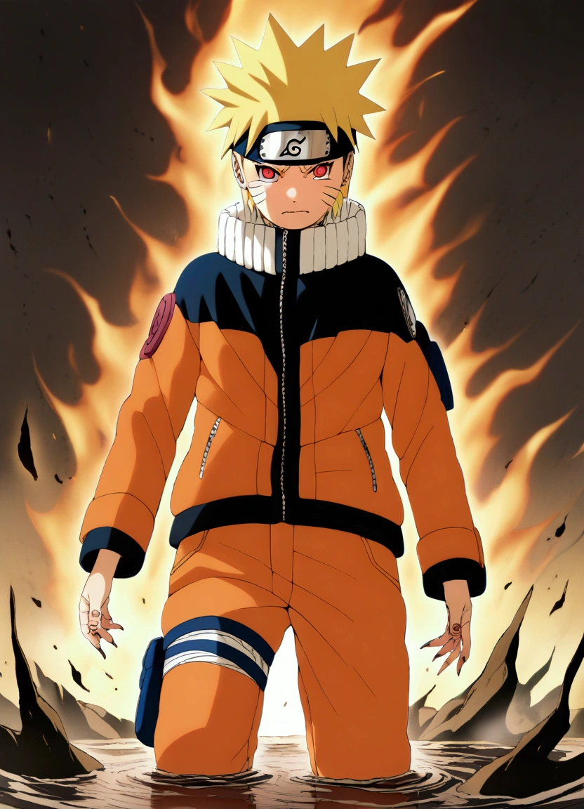 1boy, Naruto, Naruto (Series),  Colored_NarutoManga_ownwaifu, looking at viewer, Aura, blonde hair, crying, crying with open eyes, facial mark,fingernails, forehead protector, jacket, konohagakure symbol, long fingernails ,male focus, orange jacket , orange pants , pants , red eyes , slit pupils , solo , spiked hair , standing , standing on liquid , tears , whisker markings, amazing background, masterpiece, best quality, very aesthetic, newest