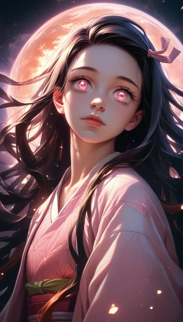 A beautiful young girl with long dark hair, big innocent eyes, delicate face, Nezuko Kamado, pink and white kimono, iridescence, dramatic angle, space, floating colorful sparkles, dramatic lighting, chiaroscuro, evocative depth, best quality, 4k, 8k, highres, masterpiece, ultra-detailed, realistic, photorealistic, photo-realistic, detailed face and eyes, beautiful lips, long eyelashes, soft lighting, warm color tones, intricate details, fantasy, anime style