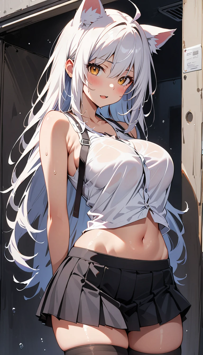 (curvy, large breasts, tented shirt, skindantation breasts), (sleeveless white crop top, crop top navel, black pleated miniskirt, (suspenders)), (((1girl, black hanekawa, monogatari \(series\), cat ears))), white hair, beautiful detailed eyes, yellow eyes,(cute eyes), black thigh highs, arms behind back, (Carving Waistline), Shower room, (cowboy shot, from left side), Best Quality, Super detailed, masterpiece, Ultra-high resolution, 8k, Embarrassing, blush, Nice, (With tears in my eyes), open mouth, sweat, (from left side), (from left side)