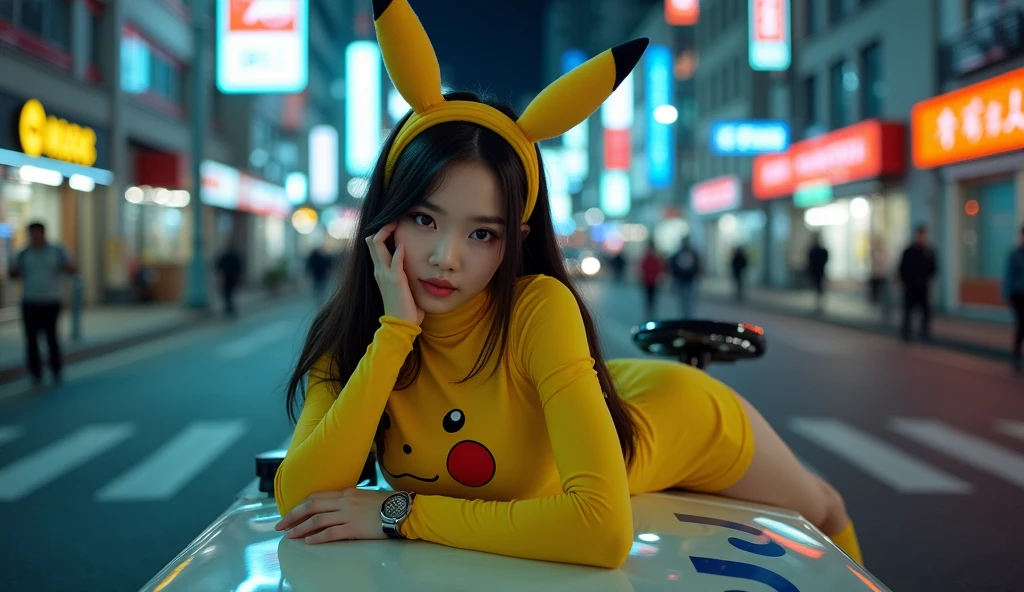 ((SFW:1.5)), ((NSFW_STILL_SHOW))、Tiny Oppai-、Pikachu doll, ( Pikachu Cosplay、Pikachu hood)、Floating hair、((Masterpiece:1.25, Photorealsitic:1.37))、8K Bestquality、((Detailed KAWAII Face))、Bright Shining Perfect eyes、{(Childish:1.2)|( no underwear but Nipples are hidden)|(Gigantic Cleavage:1.37)}、(Detailed glistening ivory skin)、extremely detailed、{(Pikachu hood)|Flowers}、Smooth shading、Soft Lighting with many Follow lights、clear focused、bokeH、Crowded city background、Vivid colors, {(shouting)| Trick or treat|mischievous smile}, Overflowing、Biomechanical HUGE and HEAVY boob, { grabbing chests|Detailed correct peace sign| face focus},