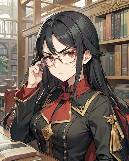 Fantasy character, black hair, glasses, librarian, long hairFurrowed Brow, Glaring, 