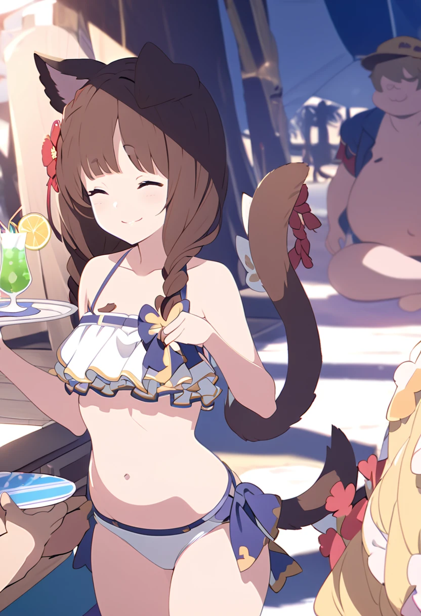 Masterpiece、One cute girl、Slender body、Beautiful Skin、One fat man、Receiving a drink、Granblue Fantasy、Vajra、Cat ears and tail、Cute single tusk、Very small breasts、Brown Hair、An innocent smile、Sandy Beach、fun、sunny、White frilly bikini、