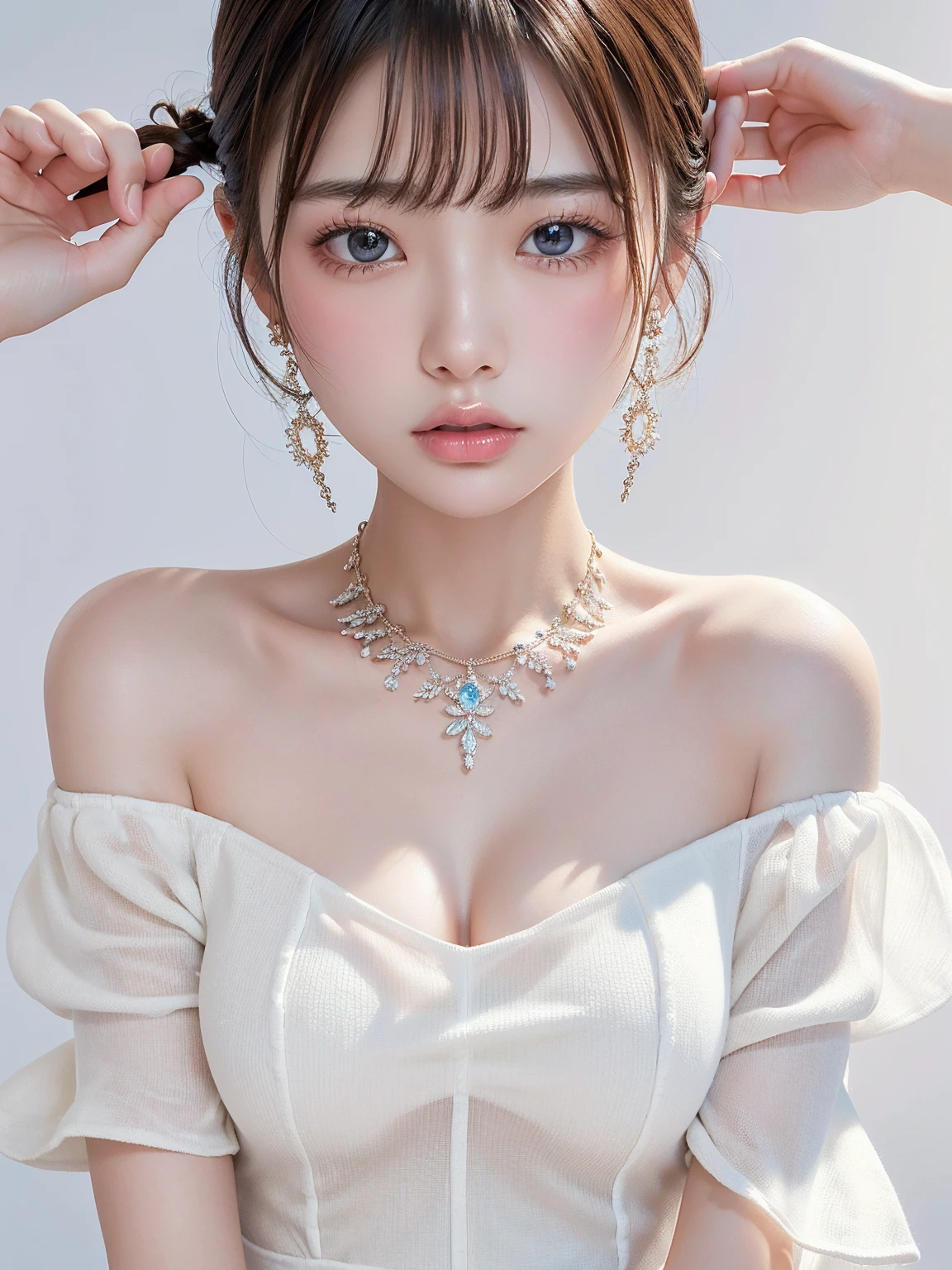 8k,Confused, High resolution, Very detailed, 1 girl, Alone, Very beautiful eyes, Ultra-precise depiction, Artistic、Very detailed depiction, ([    "Intertwined:1.2), , (White high key background:1.5), (((White off-shoulder dress 1.5))), 、 Short Hair、Earrings and Necklaces、茶colorの髪, (Glowing Skin), Mister.々color, , (Shooting from above:1.2),、Flat Body、slim、cute、、Round face、(((Excessive skin exposure1.2、See-through)))、Beautiful Skin、White skin、(((Dreamy look、I love you so much 1.5)))