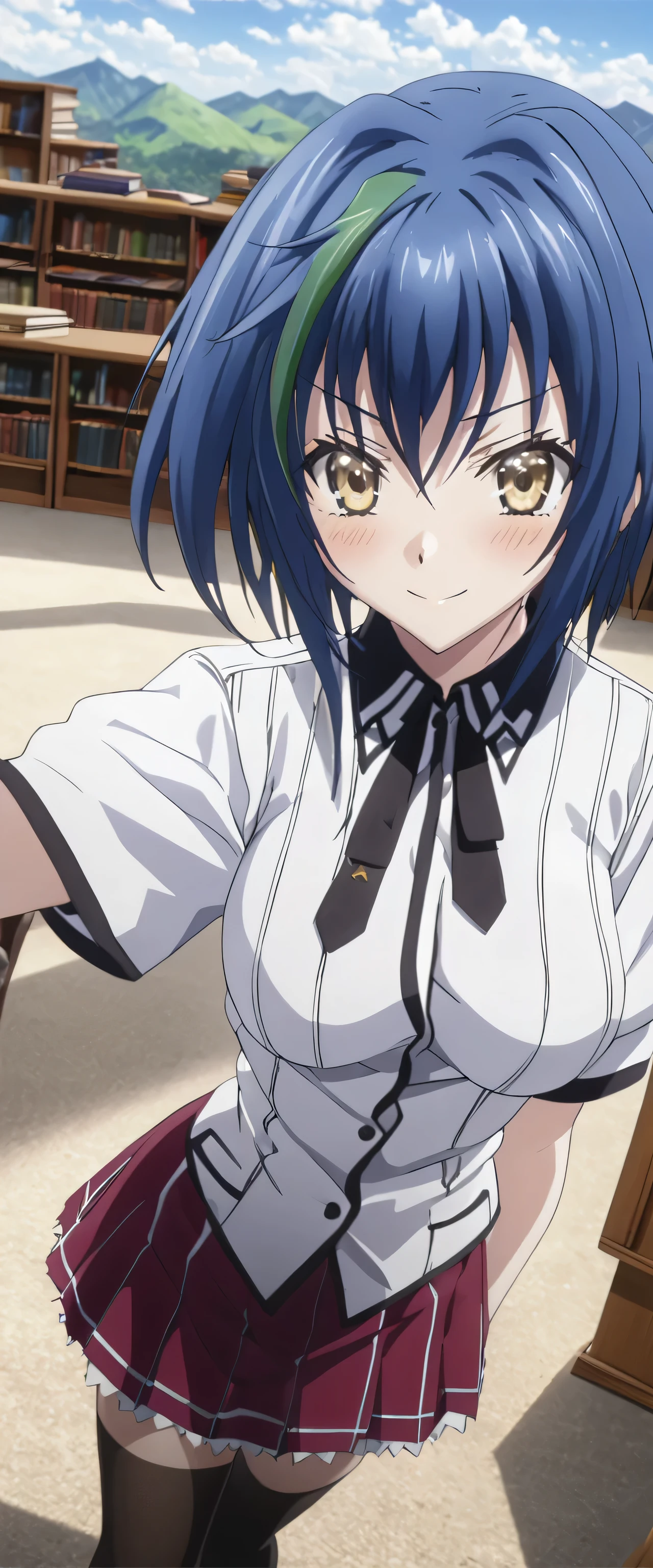 Detailed analysis, Detailed work, Best quality, 1440p clarity, Realistic light and shadow, anime, background, Mountain peak,Masterpiece, Best quality, Very detailed, Maximum resolution, Realistic textures, Anime style, Thick line, background, library, From the High School DxD series, xenovia fourth, Short hair, Blue hair, Green hair highlights, Blushing, Golden eyes, Dark colored eyes with different colors, The chest is of a suitable size, Wear a white school uniform, Maroon mini skirt, Black shoulder cloth, Black tights, Smile softly