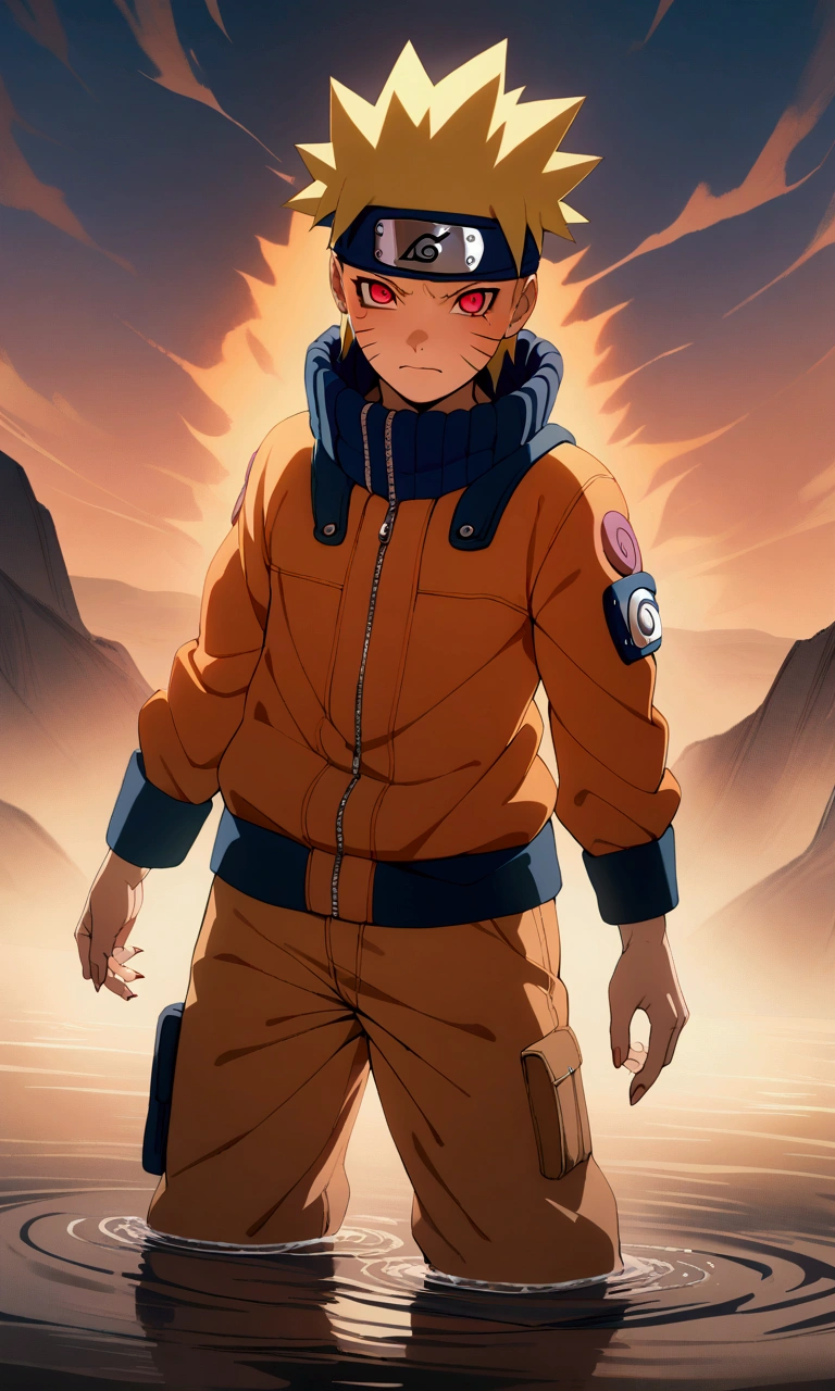 1boy, Naruto, Naruto,  looking at viewer, Aura, blonde hair, crying, crying with open eyes, facial mark,fingernails, forehead protector, jacket, konohagakure symbol, long fingernails ,male focus, orange jacket , orange pants , pants , red eyes , slit pupils , solo , spiked hair , standing , standing on liquid , tears , whisker markings, amazing background, masterpiece, best quality, very aesthetic, newest