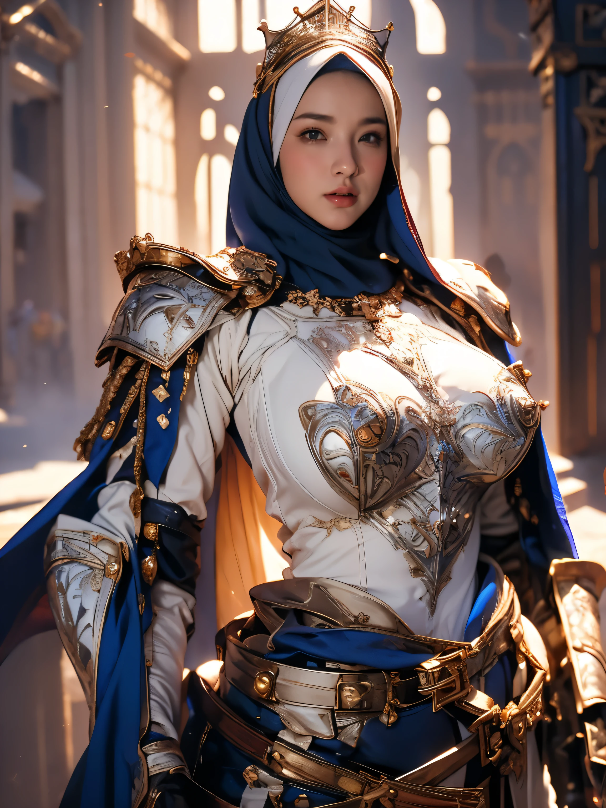 Princess, ((((Wearing the hijab)))), full armor with luxury pattern, Crown Luxury , blue eyes, Blonde, Around , (Red and silver hijab), masterpiece，The best quality at its best，High resolution，8k，((Portraiture))，(Upper Body)，Original photo，Actual photo，Digital photography，(Female Princess in the medieval fantasy style)，(Medieval Princess in fantasy style), virgin Princess ，blue eyes， Super huge breasts, Extravagant decoration of  breasts plate armor，Lips parted，Make your lips look more attractive and glamorous，((Blushing))，Contempt for Virgins，calm and beautyfull ，(Medieval Fantasy Dress，Beautiful armor breasts, Narrow waist, perfect colossal breast of Princess body, oc rendering reflection texture, luxury  breasts armor , Medieval castle background, 