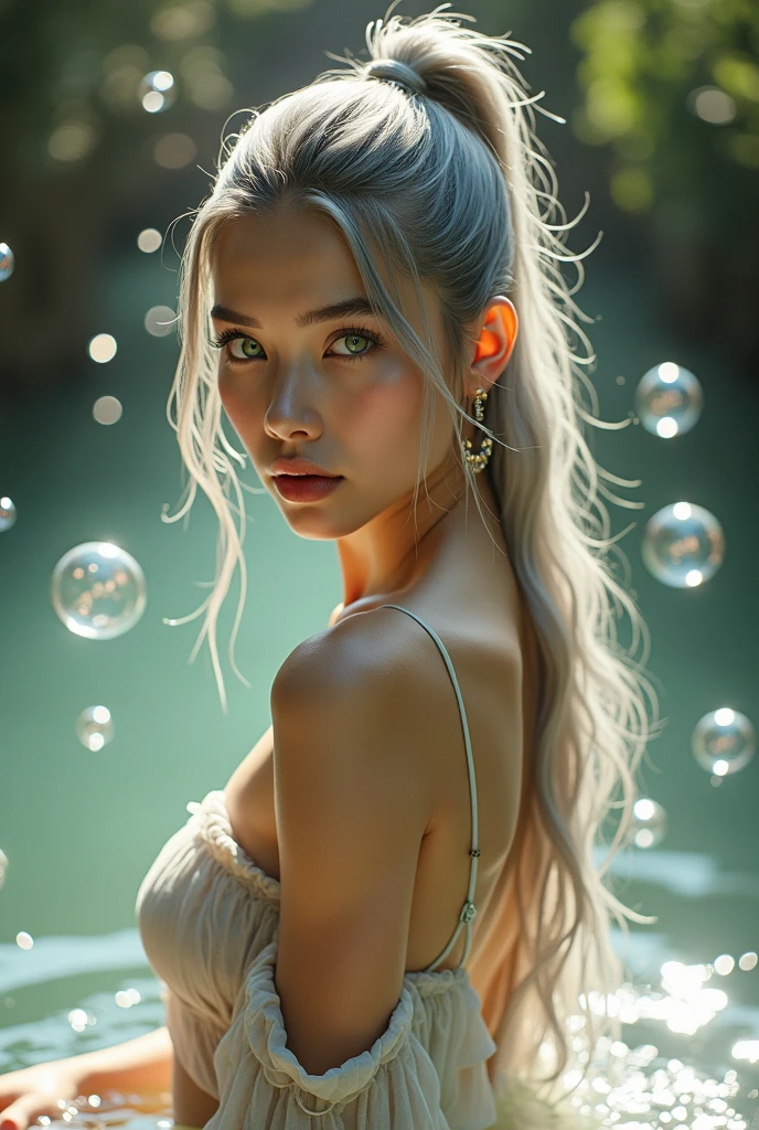 A beautiful masterpiece, best quality. Half-body portrait of Elsa naked, bathing, with long white hair bun., blue eyes, Rocks near the pond, Sitting wet, Water droplets on face and body, 30k,3d, Stunning light, movie theater light, shallow depth of light, Smooth skin, Highly detailed, Sharp focus, HDR, Sharp eyes, , Volumetric light, Tanawee Tamim, Metal reflection, UHD, Hyperreal