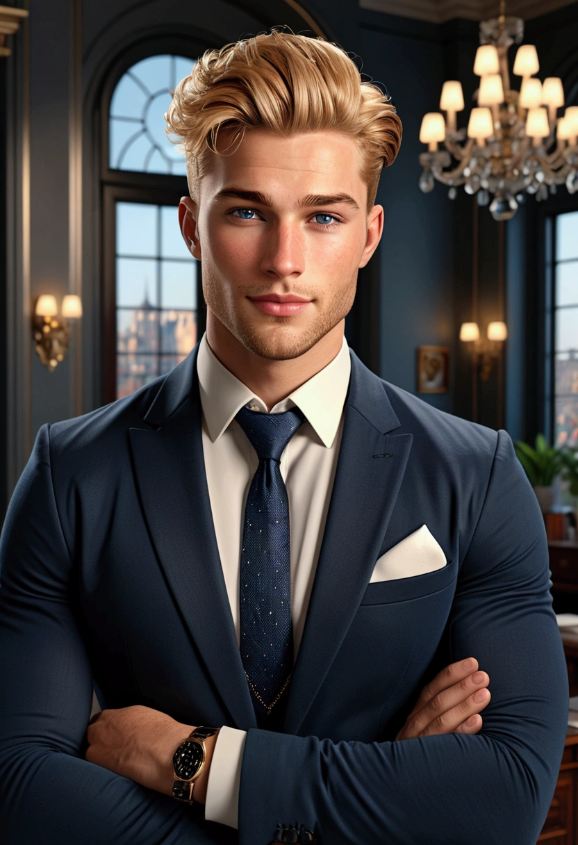 Handsome young man with golden blonde hair, (looks like Henry Calvin) bright intense grey eyes, detailed face with shaved beard, blushing cheeks, extremely realistic and detailed face, freckles on his cheeks, has a big charming smile on his face, elegant, sexy, muscular man, with classy pose, he is dressed in a stylish suit (black jacket, white shirt and dark blue tie), in the background a modern elegant office with big windows, cinematic lighting, dramatic lighting, soft lighting, baroque style, romantic, ornate, intricate details, masterpiece, (best quality, 4k, 8k, high resolution, masterpiece:1.2), ultra detailed, (realistic, photorealistic, photorealistic:1.37), vibrant colors, dark tones, warm lighting