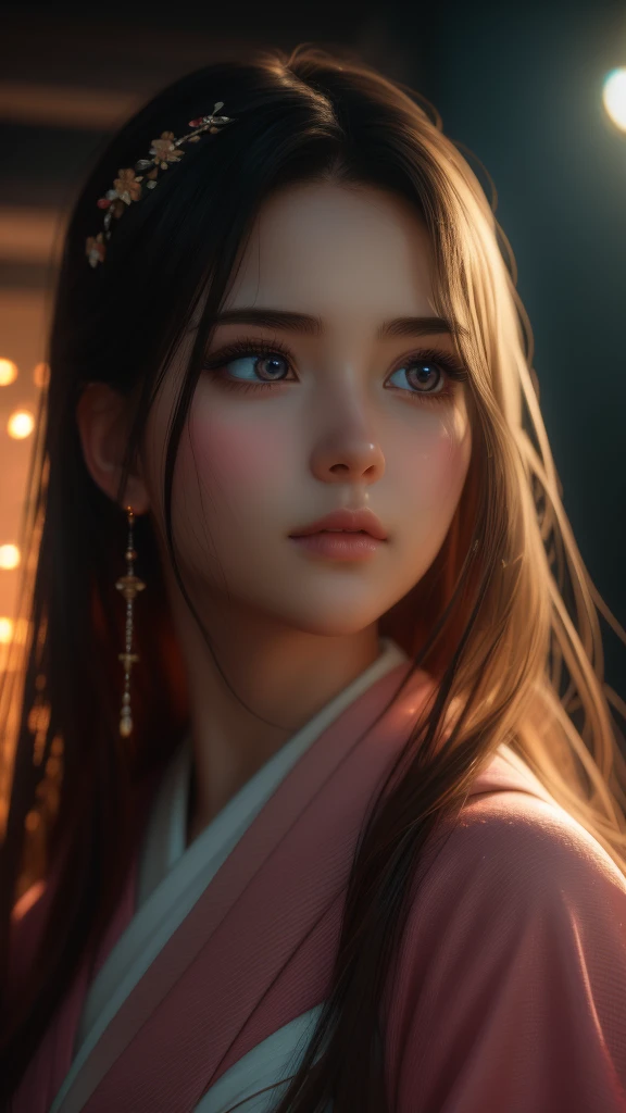 A beautiful young girl with long dark hair, big innocent eyes, delicate face, Nezuko Kamado, pink and white kimono, iridescence, dramatic angle, space, floating colorful sparkles, dramatic lighting, chiaroscuro, evocative depth, best quality, 4k, 8k, highres, masterpiece, ultra-detailed, realistic, photorealistic, photo-realistic, detailed face and eyes, beautiful lips, long eyelashes, soft lighting, warm color tones, intricate details, fantasy, anime style