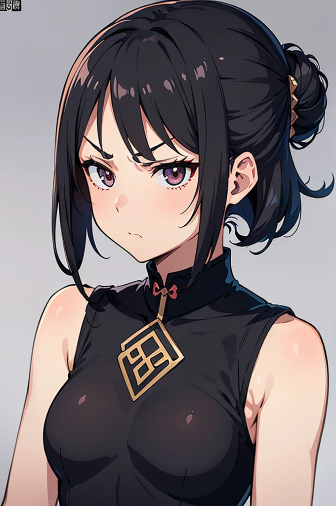 masterpiece,8k high quality detailed,highres,anime,, illustration \(art_book\),(an illustration of a female,illustration \(female\),(solo)), ,chichi_dbz,1girl,short hair,brown hair,single hair bun,blunt bangs,black eyes,blush,earrings,large breasts,(black_little_dress),Contentment,detailed_face, ((Saluting)), From a bird's-eye view, capturing the entirety from above, (,realistic clothing texture,realistic_skin_texture),