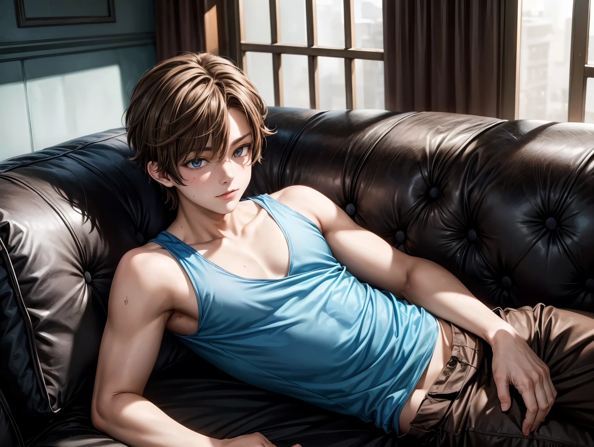 ((best quality)),((1- boy)), ((1 anime boy (Brown hair), wearing a blue tank top 
 laying down on a sofa ))