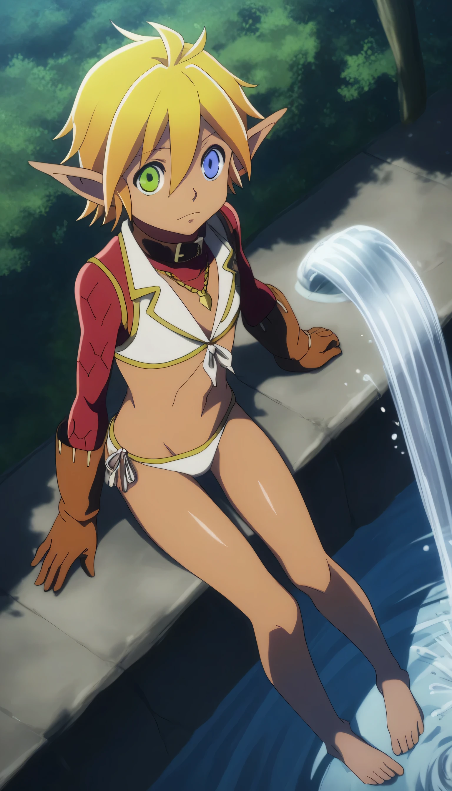 score_9, score_8_above, score_7_above, fountain_cheered up,
aurabellafiora,
aura bella fiora, short hair, blue eyes, by rubio, hair between the eyes, green eyes, He drowned, pointy ears, Dark skin, heterochromia, elf, dark elf,
White Bikini, collar,
outdoor, evening, evening sky, forest, nature,
looking at the viewer, cowboy shot, dutch angle, sitting, barefoot, bikini, detailed feet