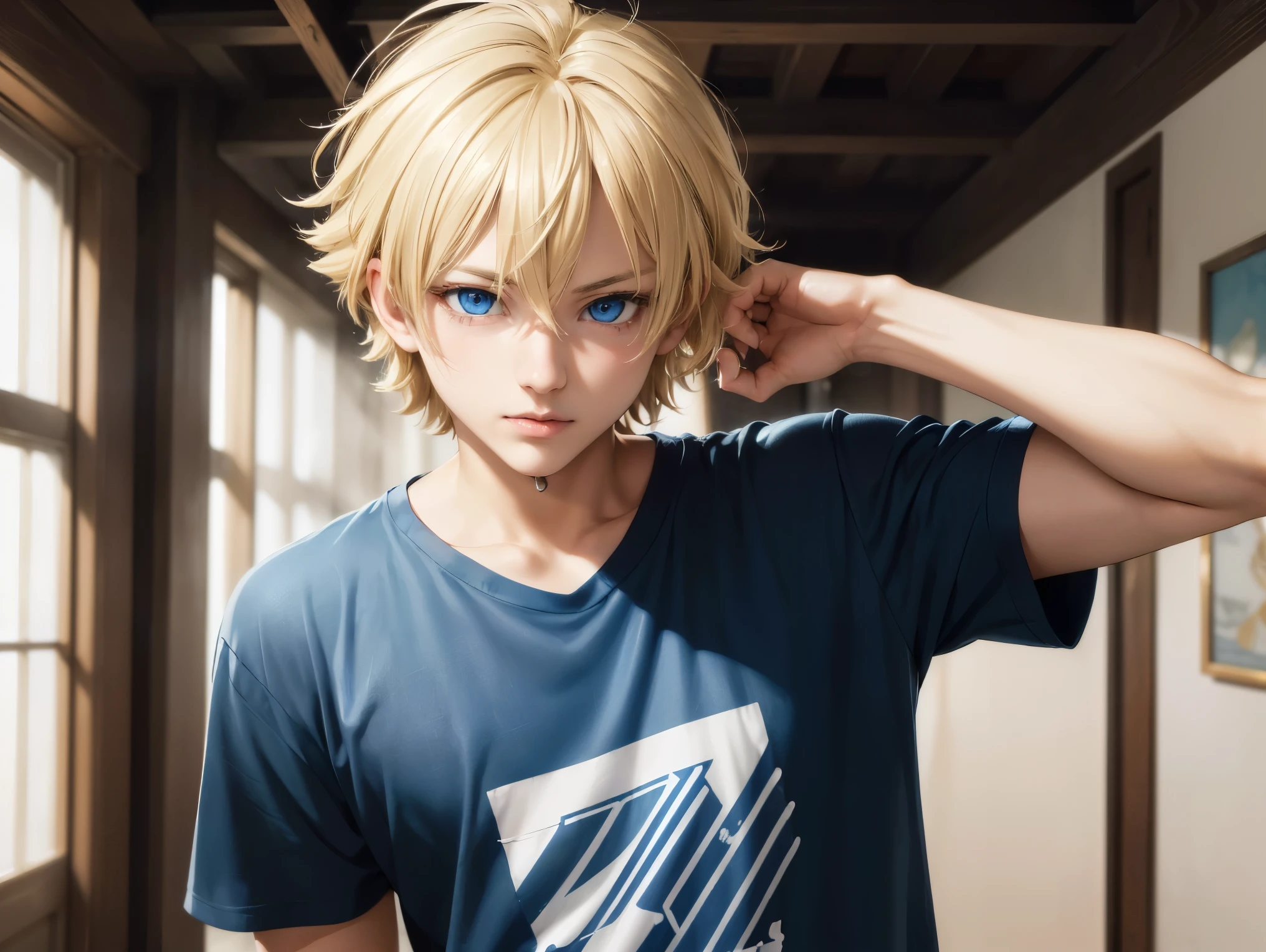 ((High Quality)),((Hyper Realistic)), ((Anime style Messy soft short  haired  blonde boy with blue colored eyes)),((Slender bodied,Clean Shaven,wearing a t shirt)),((Facing the camera))