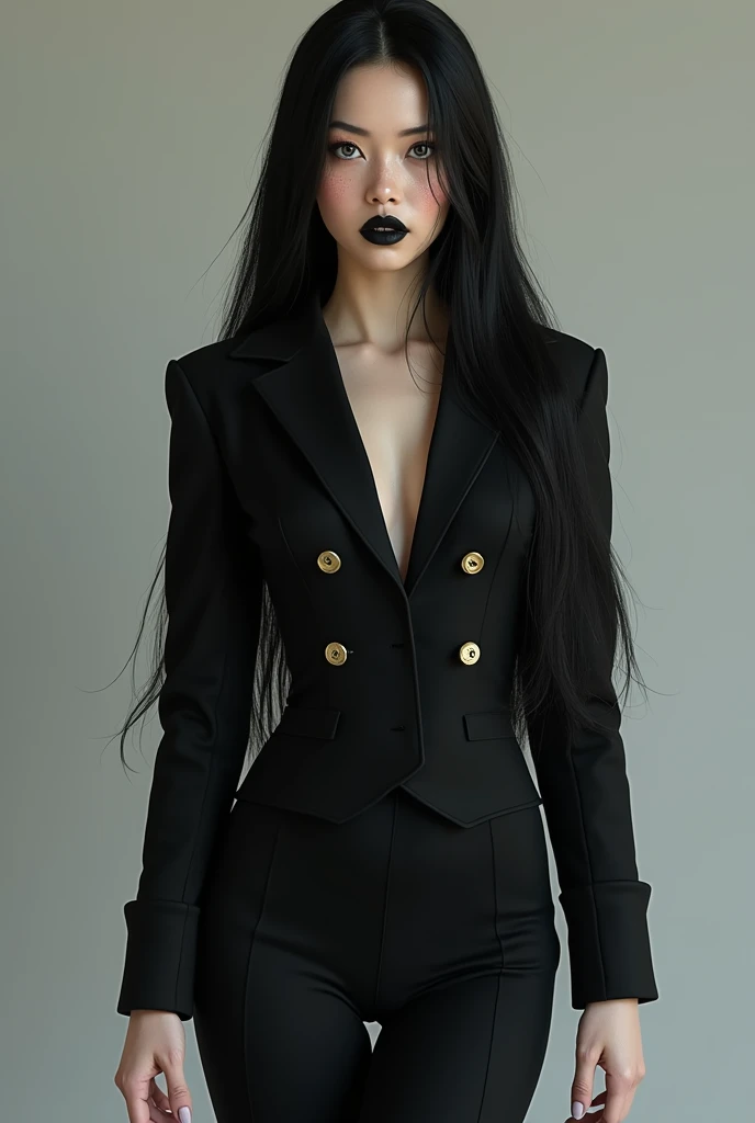 (beste-Qualit), (tmasterpiece), (Gloomy color scheme:1.5), ((Close-up of a girl in a suit)), 1girl in costume, androgynous vampire, junji ito 4 k, with long dark hair, ito junji art, style of junji ito, Dark Costume, portrait of sadako of the ring, Gentle androgynous princess , Beautiful androgynous princess , with her long black hair, girl in suit, (big yellow eyes:1.3), fangs, detailing, (generous cleavage), Burst breasts, extra high resolution, 8K, (The blood on her lips runs down her neck), (Lovely Medium Breasts), perfect anatomy, (Gloomy color scheme:1.5), (shapely body), Microthongs, Beautiful slender legs, white socks, Short socks, sexypose, (Hands Behind Your Back:1.2), (Looking down), (The gaze is directed downwards),