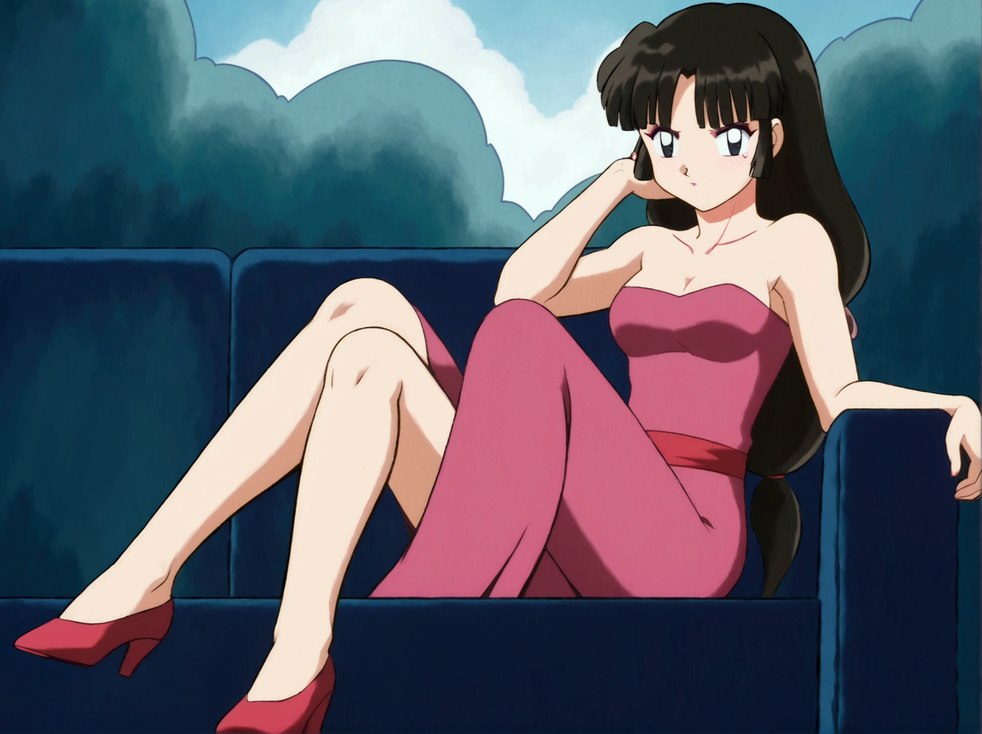 Sango-inutasha, long hair, black hair, bob cut, black eyes, 1 girl, alone, bare shoulders, Strapless, medium chest, Pink shirt, pink miniskirt, sitting on a sofa, full body, bare legs with red heels, crossed legs ,serious girl