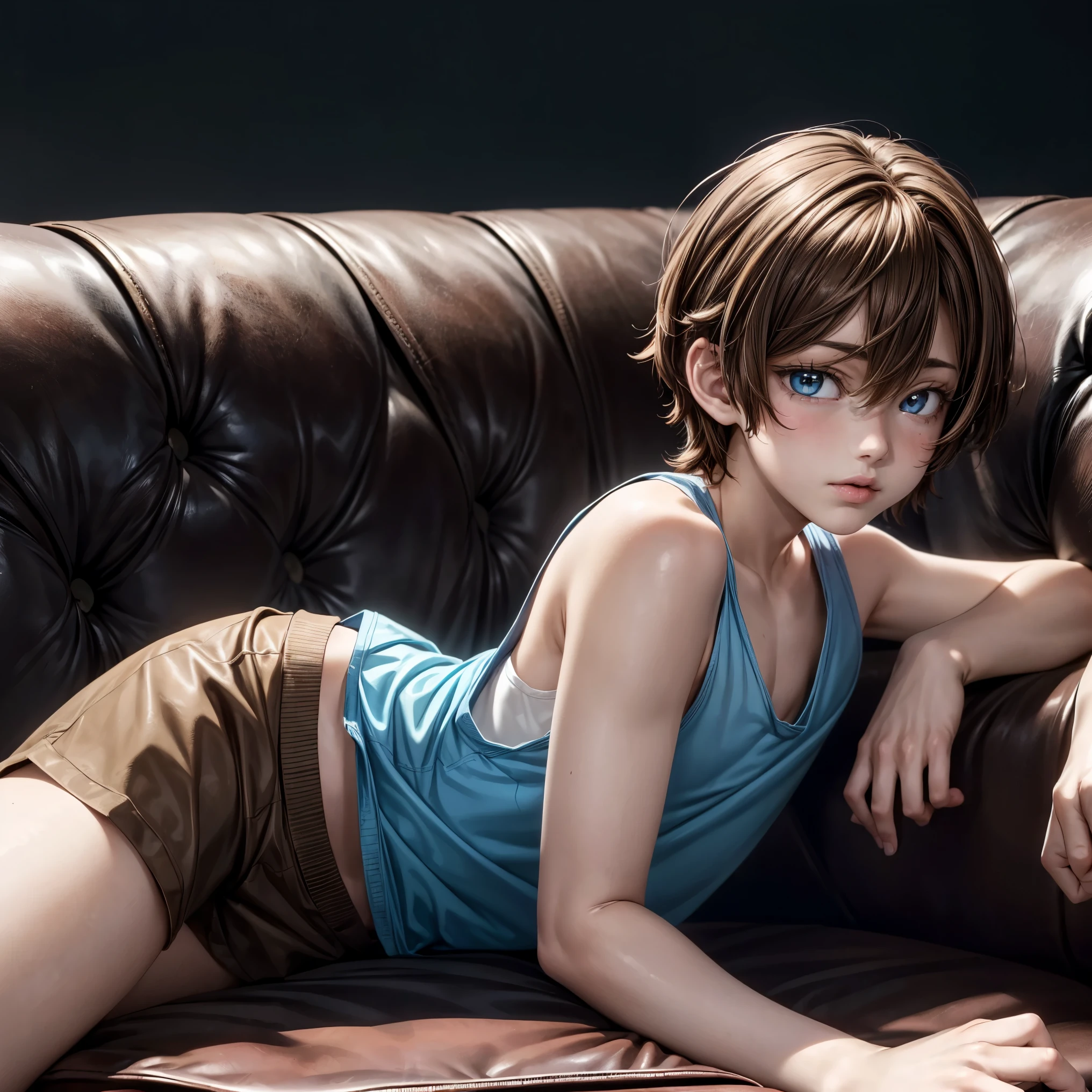 ((best quality)),((High quality)),((1- boy)), ((1 anime boy (Brown hair), wearing a blue tank top 
 laying down on a sofa ))