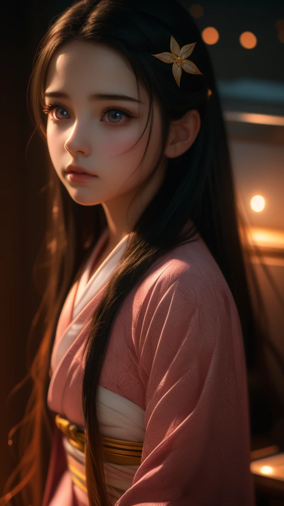 A beautiful young girl with long dark hair, big innocent eyes, delicate face, Nezuko Kamado, pink and white kimono, iridescence, dramatic angle, space, floating colorful sparkles, dramatic lighting, chiaroscuro, evocative depth, best quality, 4k, 8k, highres, masterpiece, ultra-detailed, realistic, photorealistic, photo-realistic, detailed face and eyes, beautiful lips, long eyelashes, soft lighting, warm color tones, intricate details, fantasy, anime style