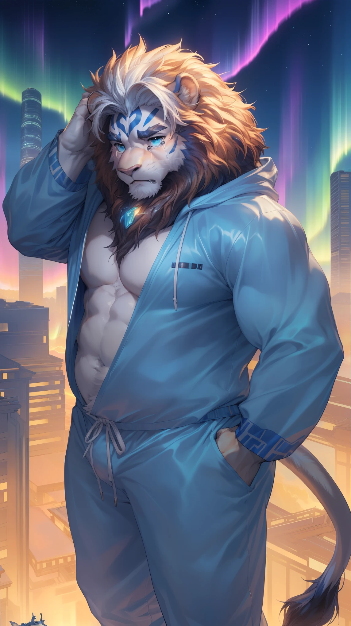 Solo, male, standing, street, overweight, muscular, smirking, blue spacesuit, by chunie, lion, ((hair, snout))
