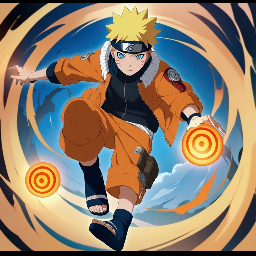 1boy, Naruto, Naruto, looking at viewer, black footwear, black shirt, blonde hair, blue eyes, border, energy ball, facial mark, forehead protector, jacket, konohagakure symbol ,male focus, open clothes, open jacket, orange jacket , orange pants , pants , rasengan , shirt , short hair , solo, spiked hair , toeless footwear , uzumaki symbol , whisker markings, amazing background, masterpiece, best quality, very aesthetic, newest