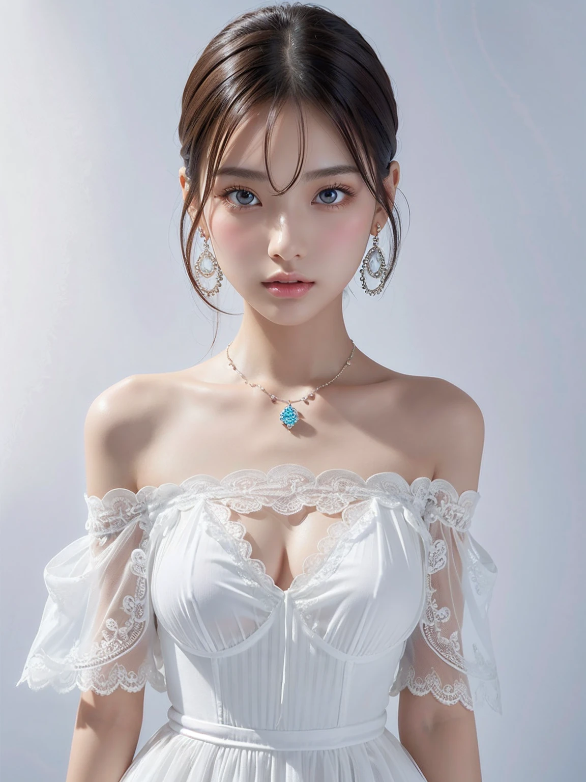 8k,Confused, High resolution, Very detailed, 1 girl, Alone, Very beautiful eyes, Ultra-precise depiction, Artistic、Very detailed depiction, ([    "Intertwined:1.2), , (White high key background:1.5), (((White off-shoulder dress 1.5))), 、 Short Hair、Earrings and Necklaces、茶colorの髪, (Glowing Skin), Mister.々color, , (Shooting from above:1.2),、Flat Body、slim、cute、、Round face、(((Excessive skin exposure1.2、See-through)))、Beautiful Skin、White skin、(((Dreamy look、I love you so much 1.5)))