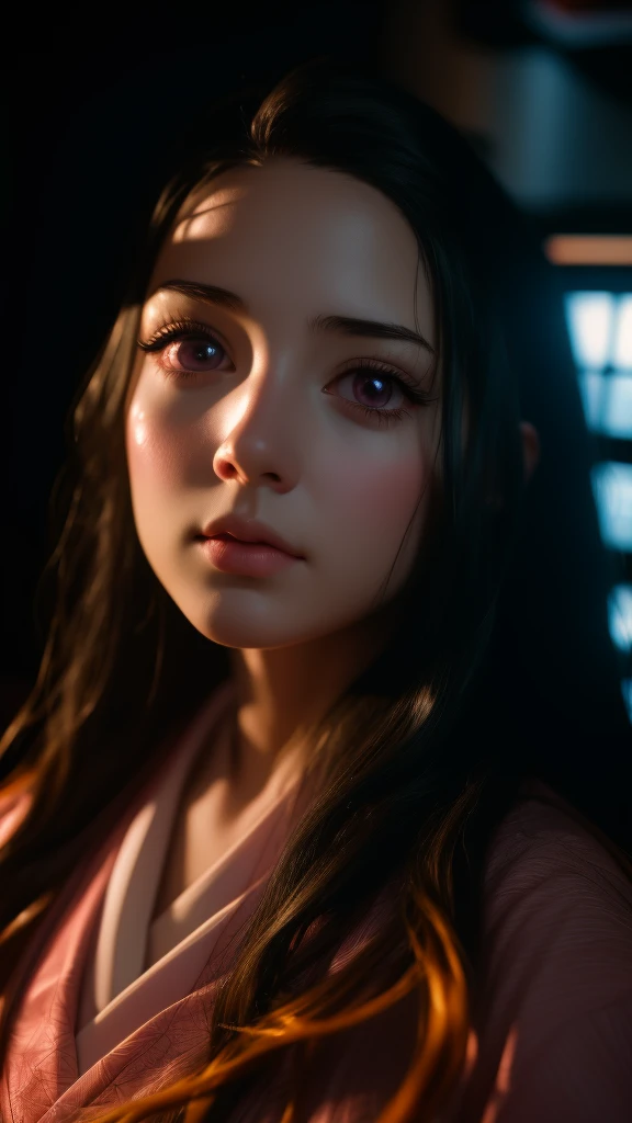 A beautiful young girl with long dark hair, big innocent eyes, delicate face, Nezuko Kamado, pink and white kimono, iridescence, dramatic angle, space, floating colorful sparkles, dramatic lighting, chiaroscuro, evocative depth, best quality, 4k, 8k, highres, masterpiece, ultra-detailed, realistic, photorealistic, photo-realistic, detailed face and eyes, beautiful lips, long eyelashes, soft lighting, warm color tones, intricate details, fantasy, anime style