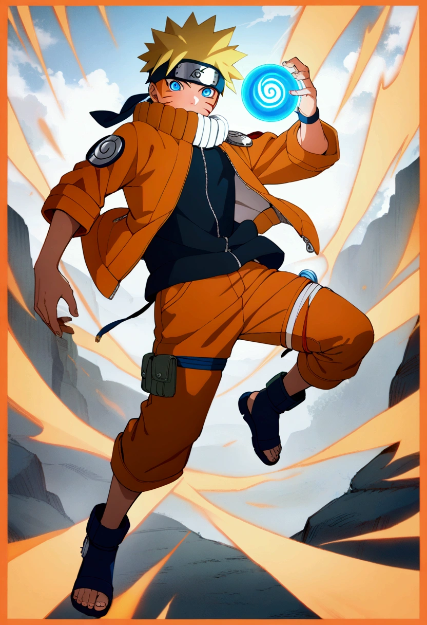 1boy, Naruto, Naruto, looking at viewer, black footwear, black shirt, blonde hair, blue eyes, border, energy ball, facial mark, forehead protector, jacket, konohagakure symbol ,male focus, open clothes, open jacket, orange jacket , orange pants , pants , rasengan , shirt , short hair , solo, spiked hair , toeless footwear , uzumaki symbol , whisker markings, amazing background, masterpiece, best quality, very aesthetic, newest