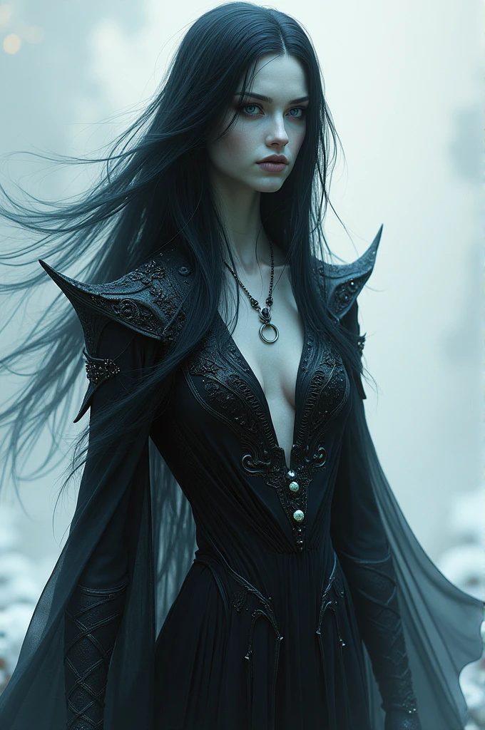 She wears a black chiffon dress that flows like a waterfall., with shadows and lights that seem to move independently. The effect is as if I were surrounded by a perpetually changing aura., that adapts and transforms with each movement.