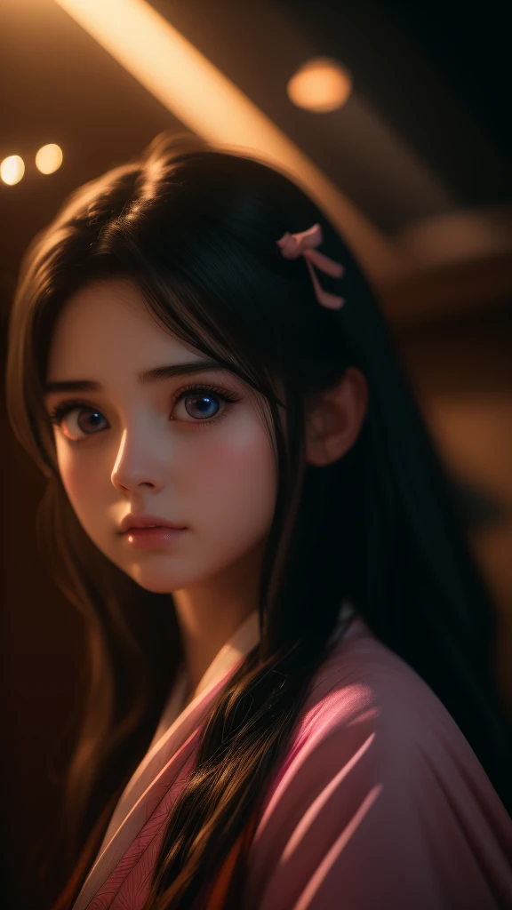 A beautiful young girl with long dark hair, big innocent eyes, delicate face, Nezuko Kamado, pink and white kimono, iridescence, dramatic angle, space, floating colorful sparkles, dramatic lighting, chiaroscuro, evocative depth, best quality, 4k, 8k, highres, masterpiece, ultra-detailed, realistic, photorealistic, photo-realistic, detailed face and eyes, beautiful lips, long eyelashes, soft lighting, warm color tones, intricate details, fantasy, anime style