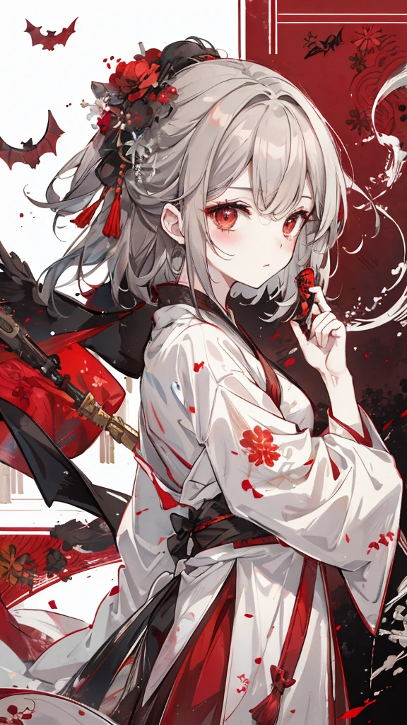 bat, Brown gray short hair，red eyes，White 一 patterns on a black Hanfu.