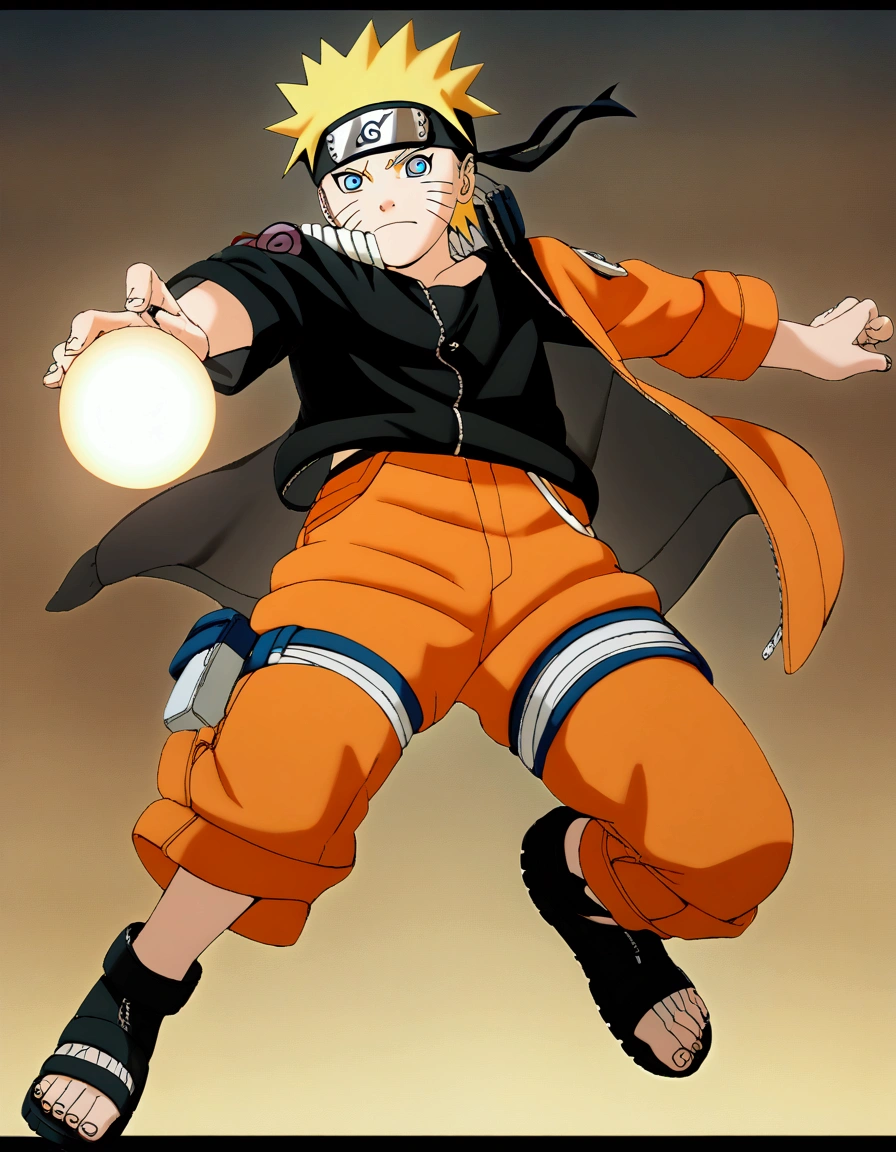 1boy, Naruto, Naruto, Colored_NarutoManga_ownwaifu, looking at viewer, black footwear, black shirt, blonde hair, blue eyes, border, energy ball, facial mark, forehead protector, jacket, konohagakure symbol ,male focus, open clothes, open jacket, orange jacket , orange pants , pants , rasengan , shirt , short hair , solo, spiked hair , toeless footwear , uzumaki symbol , whisker markings, amazing background, masterpiece, best quality, very aesthetic, newest