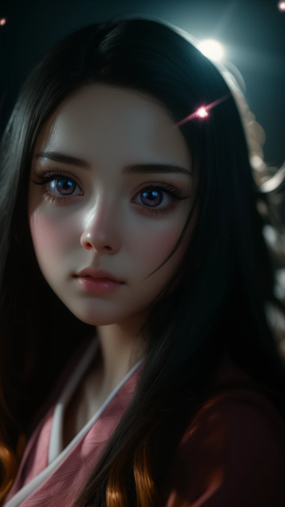 A beautiful young girl with long dark hair, big innocent eyes, delicate face, Nezuko Kamado, pink and white kimono, iridescence, dramatic angle, space, floating colorful sparkles, dramatic lighting, chiaroscuro, evocative depth, best quality, 4k, 8k, highres, masterpiece, ultra-detailed, realistic, photorealistic, photo-realistic, detailed face and eyes, beautiful lips, long eyelashes, soft lighting, warm color tones, intricate details, fantasy, anime style