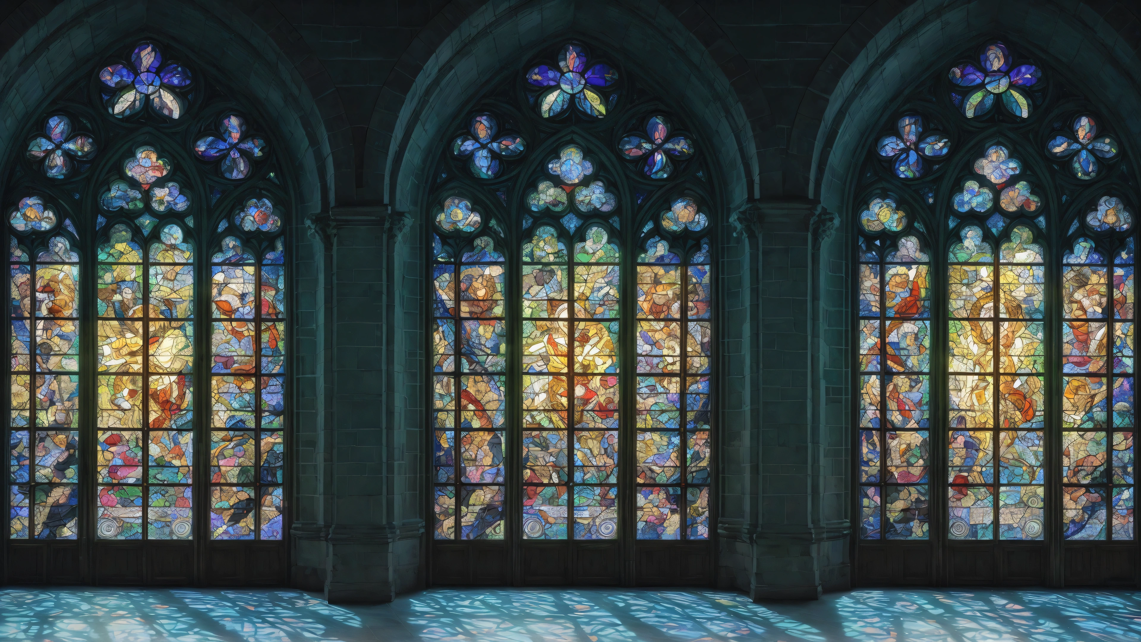 three stained glass windows in a church with a light shining through them, mystical cathedral windows, glowing stained glass backdrop, maxim verehin stained glass, stained glass futuristic church, gothic stained glass style, backlit stained glass, large stained glass windows, stained glass, stained glass windows, cathedral background, intricate stained glass, stained glass art, intricate stained glass triptych