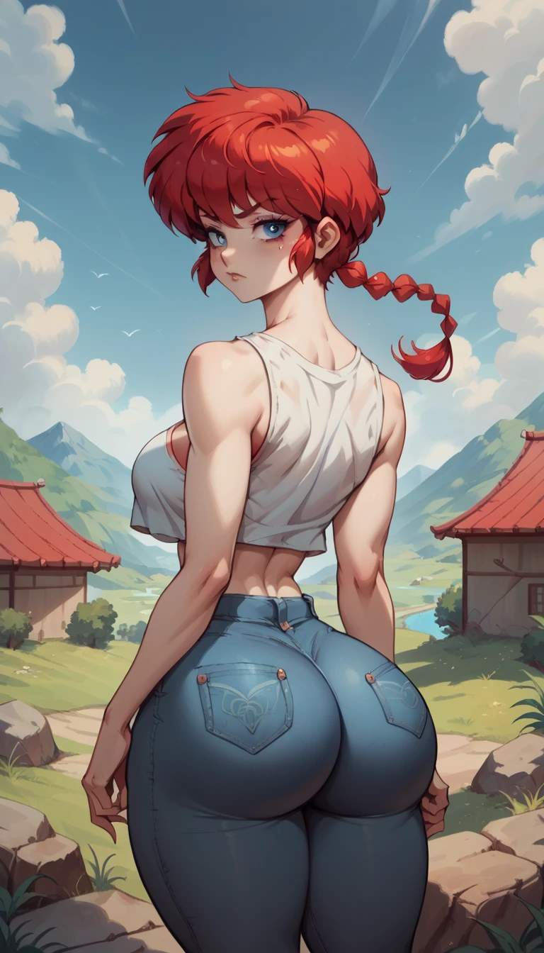 Ranma Chan, redhead, a woman , long and smooth red tone hair, bright and expressive blue eyes, she opted for worn adjusted jeans, a tight micro top, large breast, nsfw, big ass, thick thighs, wide hips, from behind, landscape,