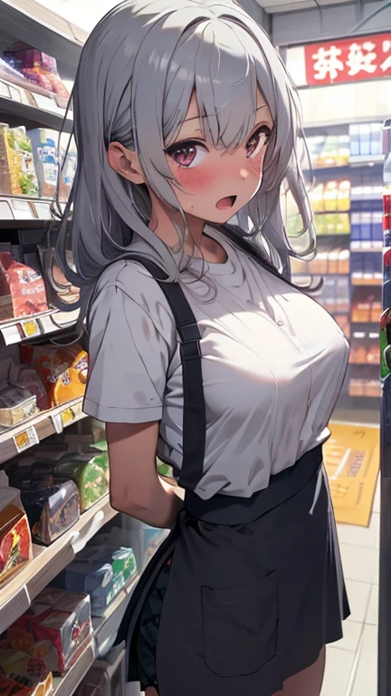 mastute piece,Best Quality,insanely detailed,8k cg,nsfw,
(shoot upper body:1.3),
(1girls:1.3),standing,looking at viewr,body in front,((both arms behind back:1.4)),(((light blue convenience store employee uniform:1.4))),(bare breasts:1.4),break,
blush,shy,(ecstasy face:1.3),(trembling:1.2),break,(light silver hair:1.4),
break,
perfect breasts,perfect teats,(open mouth:0.9),(large breasts:1.2),
(in convenience store:1.1,in checkout counter:1.1),