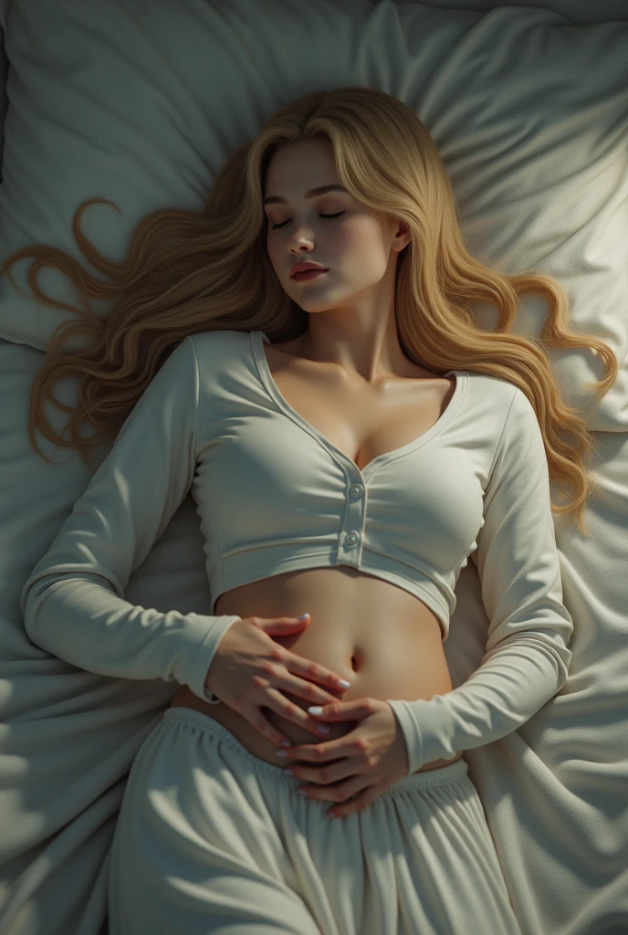 Sleeping girl, bedroom, afternoon warm light, relaxed atmosphere,1girl,18 years old, white t-shirt, full body, white socks, small tits, uplifting t-shirt, pijama pants, beautiful innocent face, long hair, blond haird, 16k, photorealistic, real photo, nikon d800
