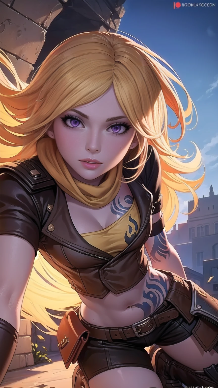 1girl, 1girl, combining elements of Yang Xiao Long from "RWBY" and Lilith from "Borderlands", beautiful detailed eyes, beautiful detailed lips, extremely detailed face and portrait, long eyelashes, flowing golden hair, lilac/violet eyes, crop top, short shorts, wearing flat heeled boots, tattoos, glowing blue markings, posing confidently, fantasy landscape, ancient ruins, sunlight, volumetric lighting, cinematic, award winning digital art, intricate details, highly detailed, hyper realistic, 8k, masterpiece, (wide angle), (full length portrait), lilithbl2, bhands