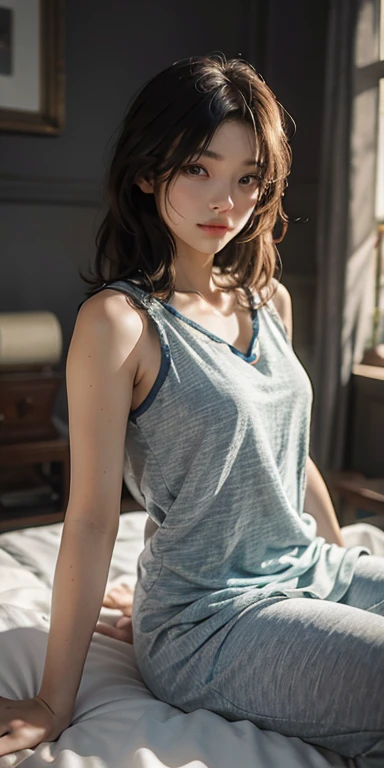 (Highest quality、High resolution、8k、masterpiece:1.55、Film Grain)、((Full body photography:1.0))、Japanese women、A woman with a cute upward gaze、Tank top with loose chest、Full body photography:1.33、Stylish clothes that show off your body lines and look great on Instagram、No underwear:1.88、Light brown hair、cute、Lens flare、((Nice style))、Highly detailed photos、Very beautiful and ideal、Super no makeup、(8k、RAW Photos、Highest quality、masterpiece:1.2)、(Realistic)、1 girl、((Looking into the camera:1.4))、Hair blowing in the wind