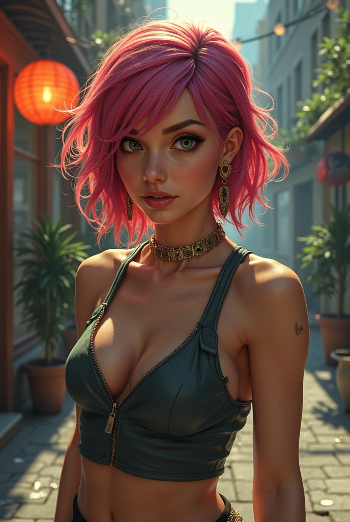 luz calida. luz naranja (((ultra realistic))) Photo, masterpiece, top quality, (pale skin), (Ultra detailed face and eyes:1.3), 1 girl, Adult, in a T-shirt, ((Eye makeup, pink mascara)), ((A slight smile)), ((large detailed lips)), ((Pink hair in the wind)), ((Chyolka)) , (Natural breasts), Slim waist. ((Posing)), photoshoot, studio (soft lighting), (The play of light and shadows), depth of field, bokeh, (special attention to skin detail: 1.2), Detailed leather texture, skin pores. (Warm atmosphere of the frame. Color range - purple, Pink, blue tones), UDR, ((Film grain)), ((rays)), (Glare), ((waist up portrait)) , ultra detialed,
