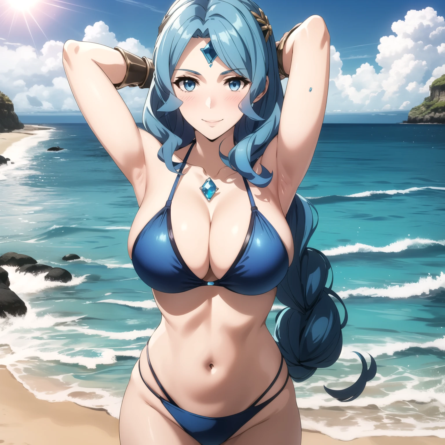 Therese Alexanderite, 1 woman. lonely woman , blue hair, Blue eyes, a jewel on his forehead, , Smile, blush,  , blue bikini , hands behind the head, background a sunny beach.