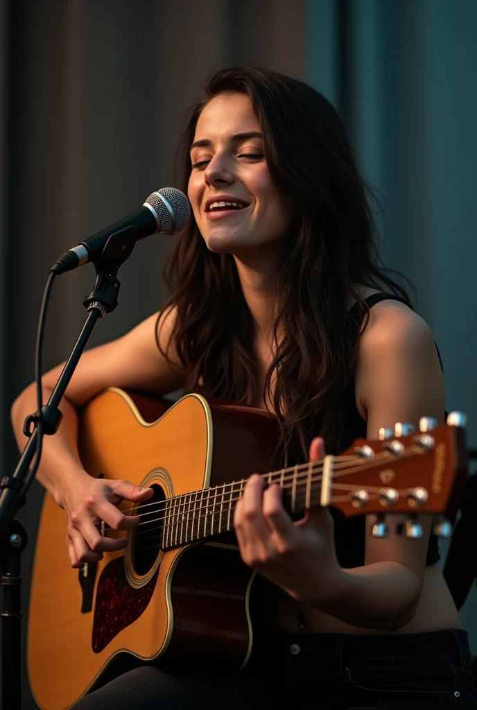 cinematic portrait photo of a woman in a bar playing a spanish guitar, traditional beauty, light smile, mischievous happy face, laughing, masterful composition!!!, concept photography, spanish style, gypsy, traditional, , she is playing a spanish guitar, traditional photography, highly detailed vfx portrait, taken with a full frame camera with a wild lens, depth of field, cinematic lighting, glow, optical illusion, textured skin, UHD