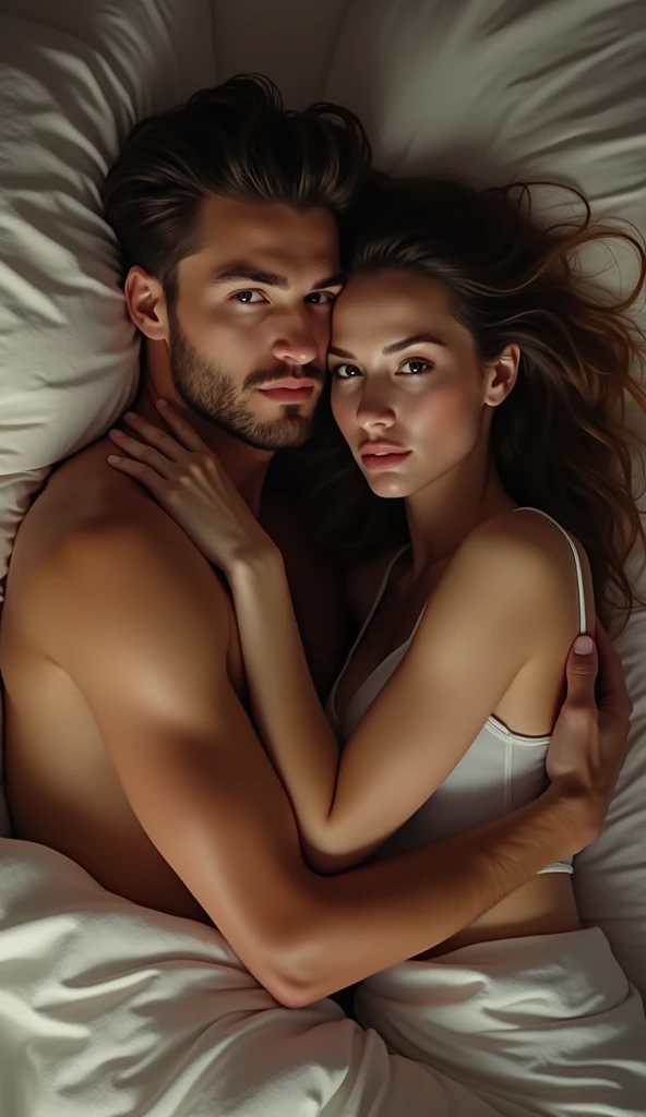 White woman with green eyes having sex with a bearded man with short hair