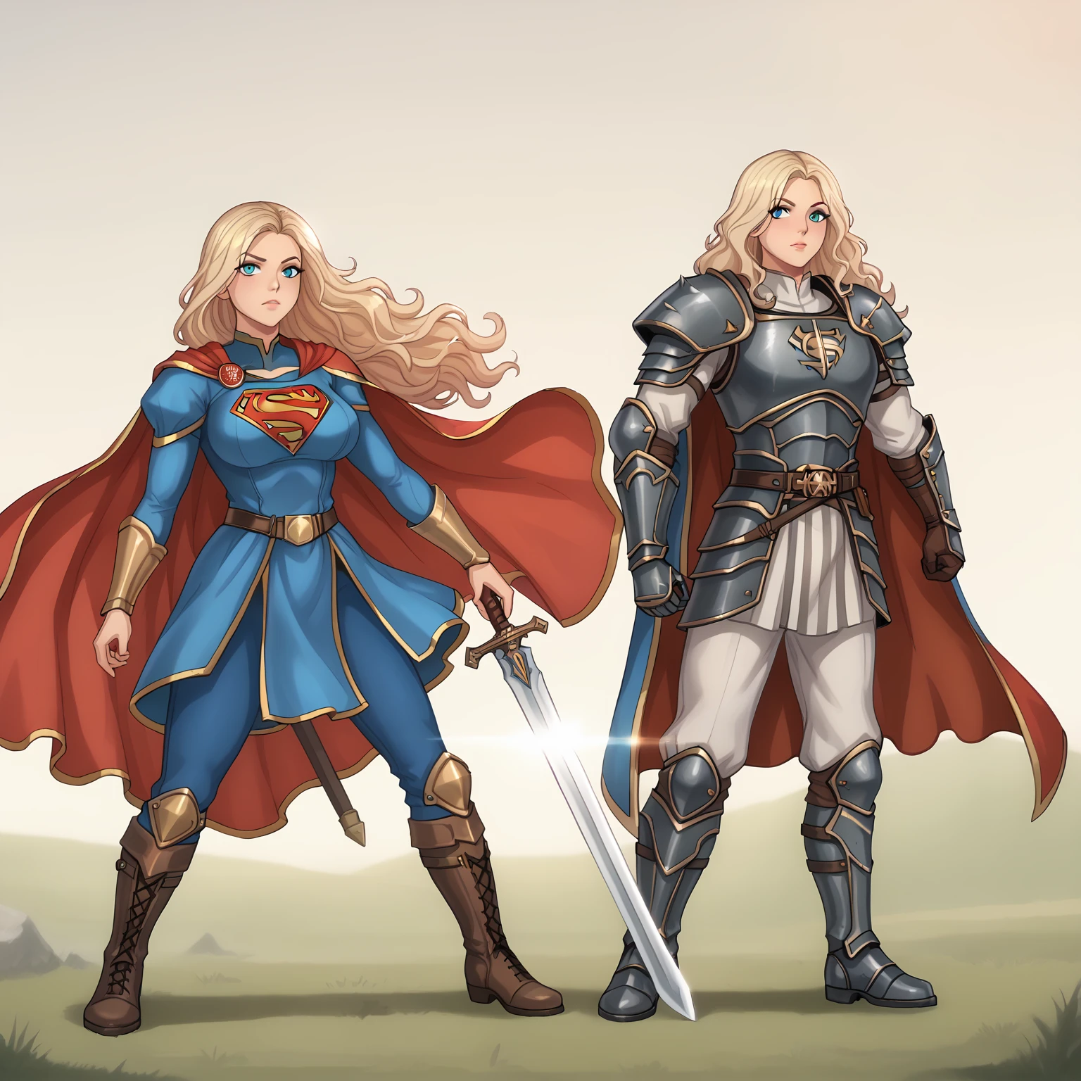 Supergirl paladin warrior in paladin clothing, voluptuous body, medieval, isekai, long wavy hair, split hair style, Full armor with cape, High combat boots, sword