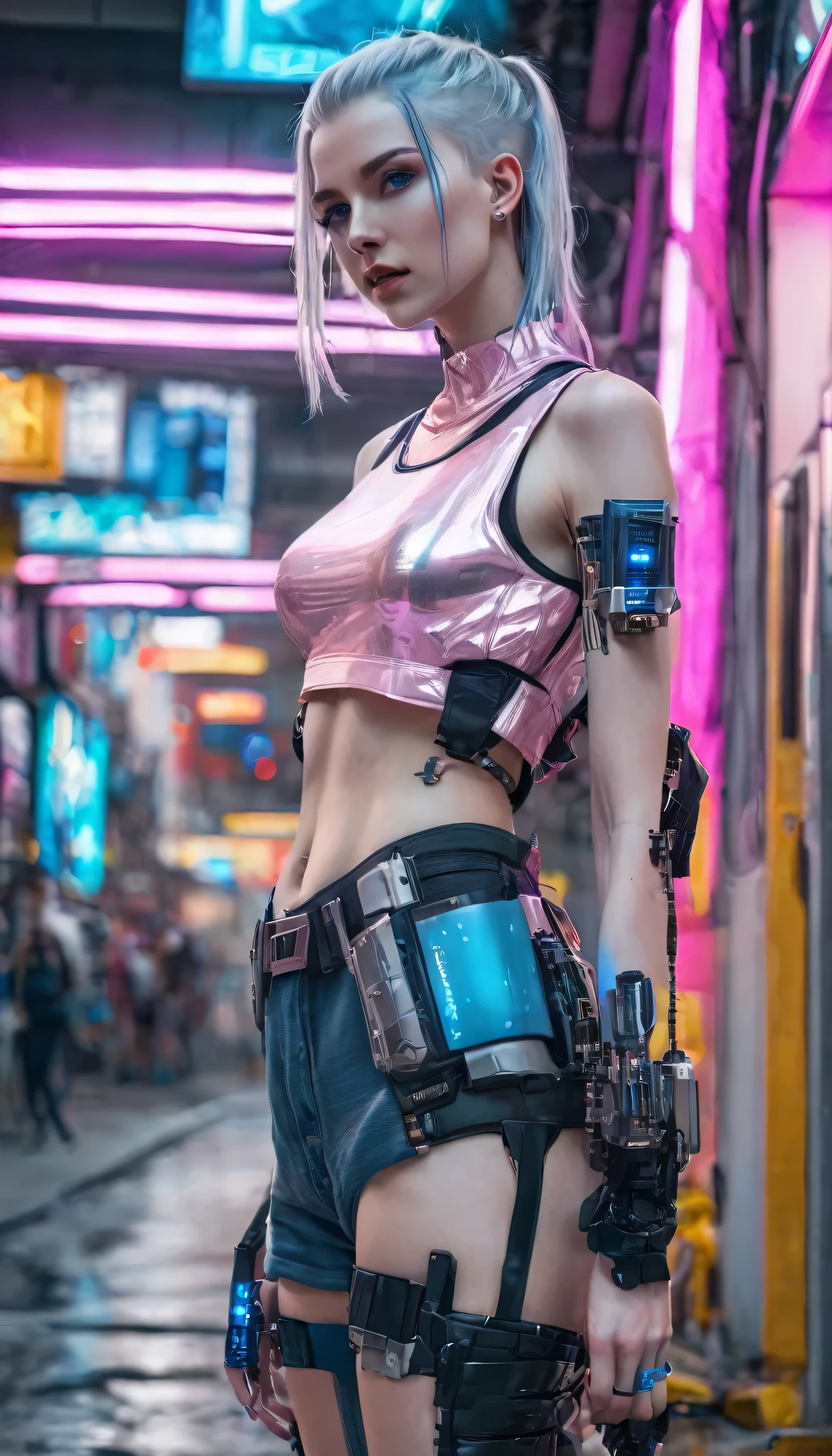 short hait girl, cyberpunk fashion, hyper realistic , blue eyes, pink crop top, full body, high tech, implanted arm, pale skin, 