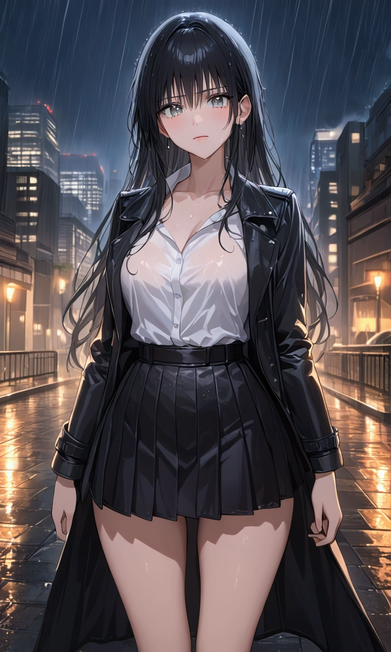 HD model, masterpiece, A girl, black hair, gray eyes, Tears, leather collar, Black coat and a skirt, Background of a city at night, Rain falling