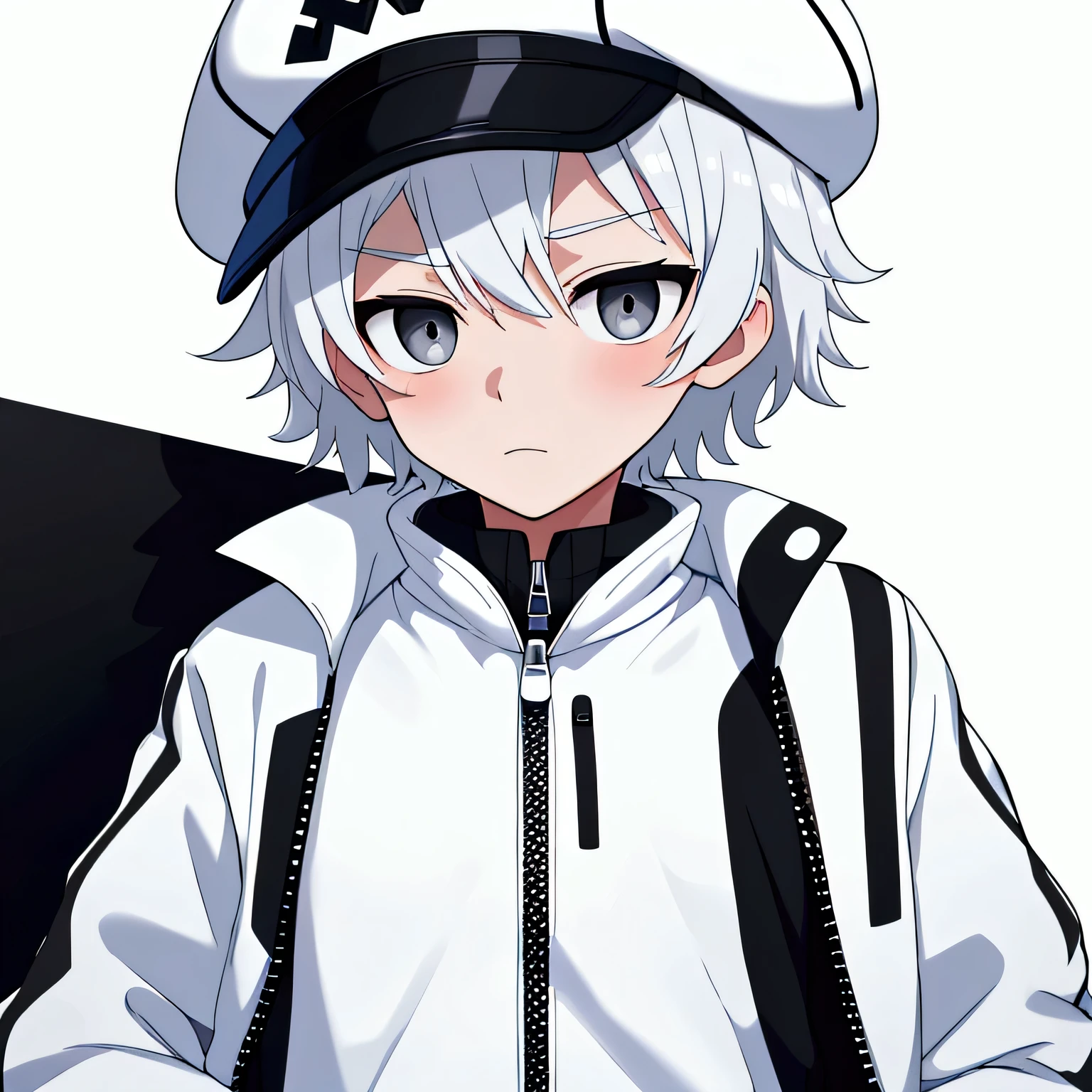boy, short white hair, grey eyes, wearing barely visible black shirt, wearing white zipped up jacket, white jeans, white background, white Russian hat no symbols, high res, ultra sharp, 8k, masterpiece, looking at viewer, nervous expression