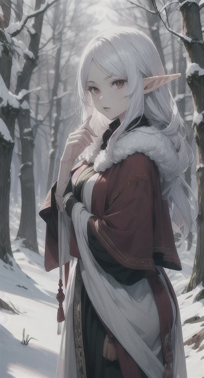 ((woman, bare breasts, brown maxi skirt with a rope like lace, shaved maxi skirt, small breasts, ((very long white hair with shags, red eyes, hopeless face)),((standing, 1 arm behind back)), in a haunted forest at night,