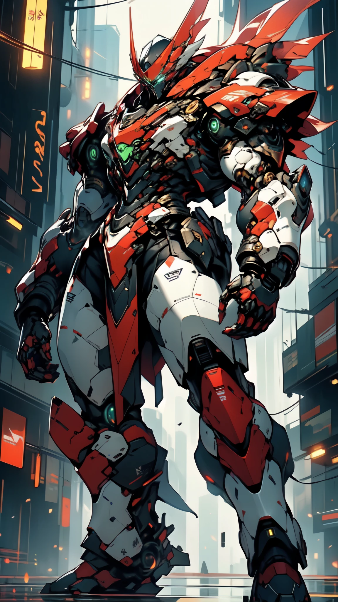 (masterpiece:1.5, best quality:1.5, extremely delicate:1.5), (male:1.5), humanoid Mecha, fully enclosed shoulder guards, matching arm and leg guards, full body, full armor, the design balances heavy with agility, (the color scheme is primarily Black with White and Red accents, the concept Inspired by Military Robot, MRS), organic biotech armor, standing, floating high above the futuristic sci-fi city, exquisite and mature art style, (aura effect, glowing eyes, the armor glows), metallic, dramatic, high definition, highres, ultra-detailed, ultra-fine painting, professional, perfect body proportions, anatomically correct, symmetrical face, extremely detailed eyes and face, high quality eyes, creativity, RAW photo, UHD, 32k, Natural light, cinematic lighting, masterpiece-anatomy-perfect