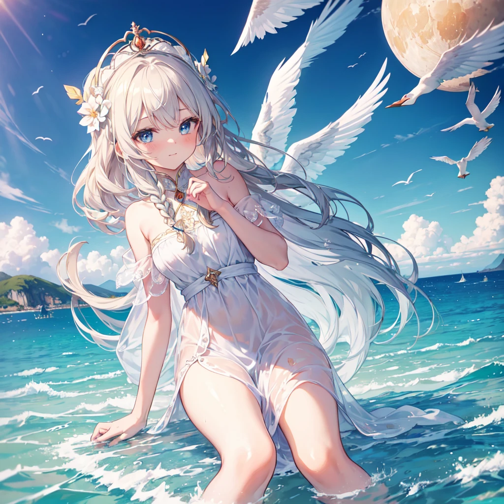 "(best quality,ultra-detailed),water element angel from lake,beautiful detailed eyes,beautiful detailed lips,flowing white dress,ethereal beauty,long flowy hair,golden halo,sparkling water drops,floating wings,soft ethereal light,impressionist painting style,vibrant colors,pastel color palette"
